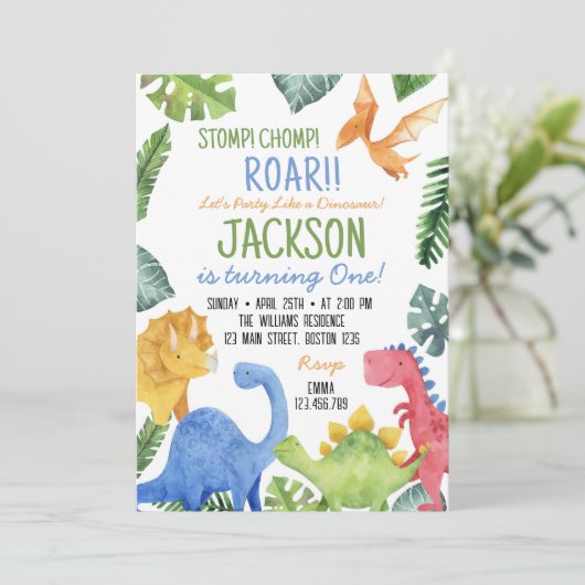 キュートな恐竜の誕生日パーティーへの招待 招待状 (スタンド正面)