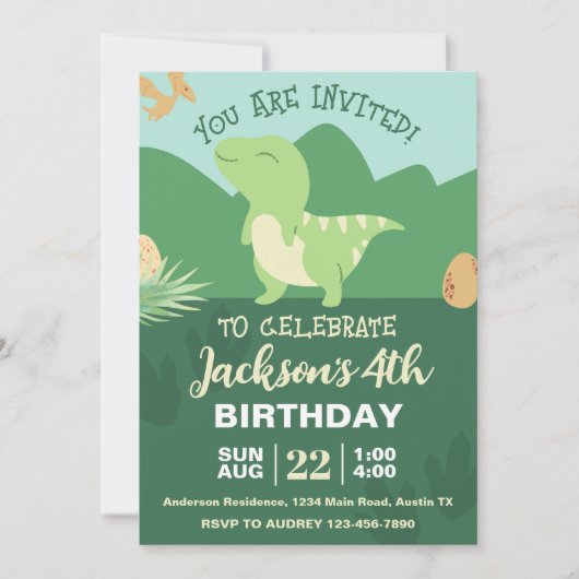 キュートな恐竜の誕生日パーティー 招待状 (正面)