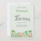 キュートな恐竜の轟音1歳の誕生日の少年 招待状 (正面)