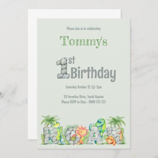 キュートな恐竜の轟音1歳の誕生日の少年 招待状 (正面/裏面)
