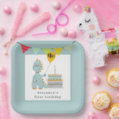 キュートな恐竜ケーキパウダーブルー1st誕生日 ペーパープレート (パーティー)