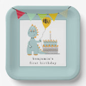 キュートな恐竜ケーキパウダーブルー1st誕生日 ペーパープレート (正面)