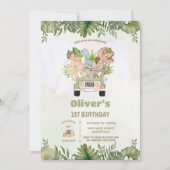 キュートな恐竜サファリカー第1回2回目の3回目の誕生日 招待状 (正面)