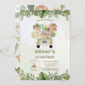 キュートな恐竜サファリカー第1回2回目の3回目の誕生日 招待状 (正面/裏面)