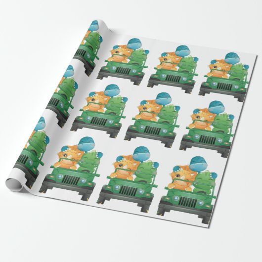 キュートな恐竜サファリ車ジャングルベビーシャワー ラッピングペーパー (アンロールド)