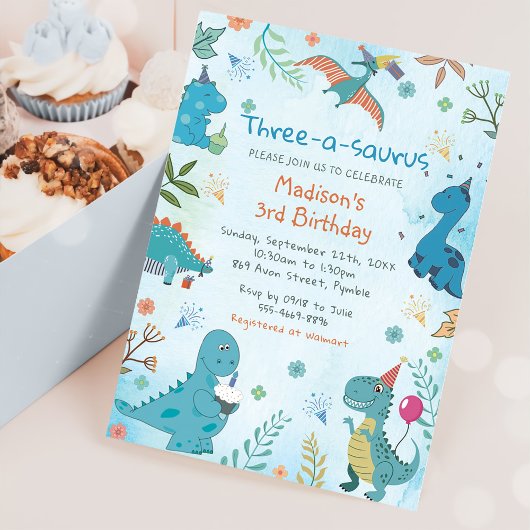 キュートな恐竜サーラス3歳の誕生日 招待状