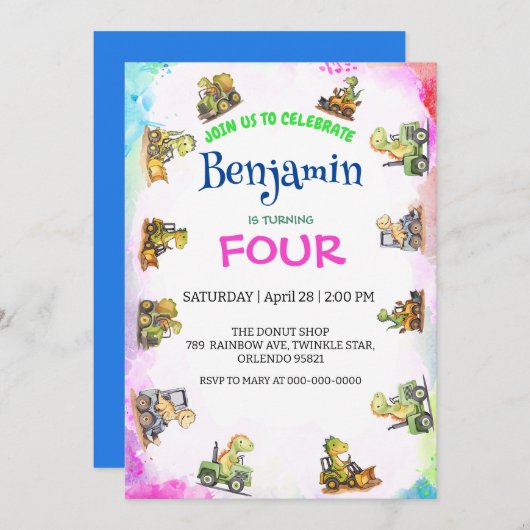 キュートな恐竜トラクターレインボーB2S学校誕生日 招待状 (正面/裏面)