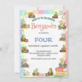 キュートな恐竜トラクターレインボーB2S学校誕生日 招待状 (正面)