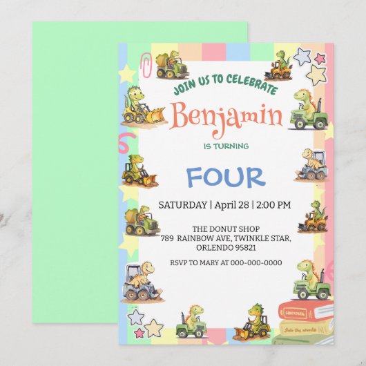 キュートな恐竜トラクターレインボーB2S学校誕生日 招待状 (正面/裏面)