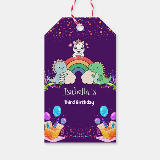 キュートな恐竜ユニコーン虹のバルーンの誕生日キッド ギフトタグ (正面)