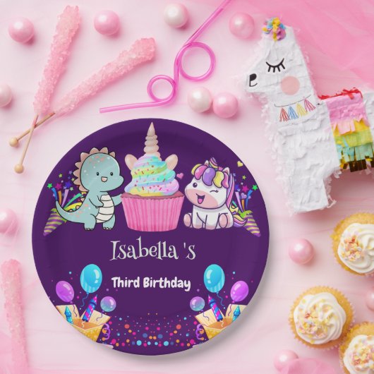 キュートな恐竜ユニコーン虹のバルーンの誕生日キッド ペーパープレート (パーティー)