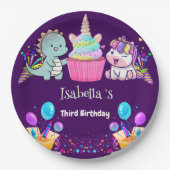 キュートな恐竜ユニコーン虹のバルーンの誕生日キッド ペーパープレート (正面)