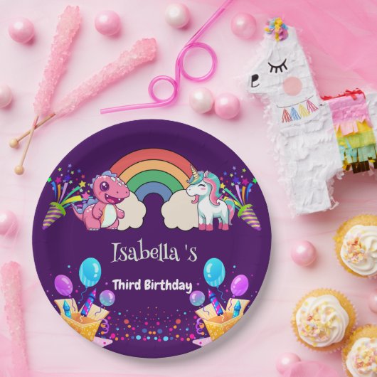 キュートな恐竜ユニコーン虹のバルーンの誕生日キッド ペーパープレート (パーティー)