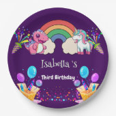 キュートな恐竜ユニコーン虹のバルーンの誕生日キッド ペーパープレート (正面)