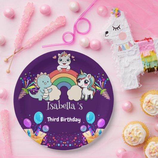 キュートな恐竜ユニコーン虹のバルーンの誕生日キッド ペーパープレート (パーティー)