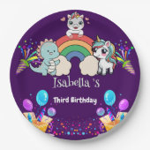 キュートな恐竜ユニコーン虹のバルーンの誕生日キッド ペーパープレート (正面)