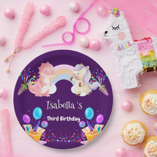 キュートな恐竜ユニコーン虹のバルーンの誕生日キッド ペーパープレート (パーティー)