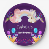 キュートな恐竜ユニコーン虹のバルーンの誕生日キッド ペーパープレート (正面)