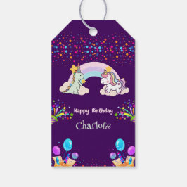 キュートな恐竜ユニコーン虹のバルーンの誕生日 ギフトタグ