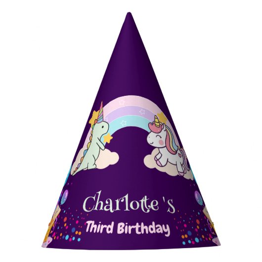 キュートな恐竜ユニコーン虹のバルーンの誕生日 パーティーハット (正面)