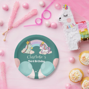キュートな恐竜ユニコーン虹のバルーンの誕生日 ペーパープレート