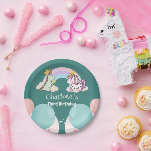 キュートな恐竜ユニコーン虹のバルーンの誕生日 ペーパープレート (パーティー)