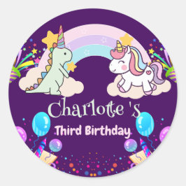 キュートな恐竜ユニコーン虹のバルーンの誕生日 ラウンドシール