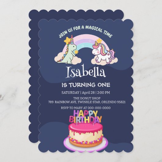 キュートな恐竜ユニコーン虹のバルーンの誕生日 招待状 (正面/裏面)