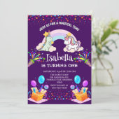 キュートな恐竜ユニコーン虹のバルーンの誕生日 招待状 (スタンド正面)