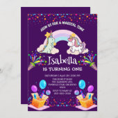 キュートな恐竜ユニコーン虹のバルーンの誕生日 招待状 (正面/裏面)