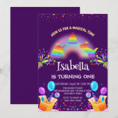 キュートな恐竜ユニコーン虹のバルーンの誕生日 招待状 (正面/裏面)