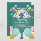 キュートな恐竜ユニコーン虹のバルーンの誕生日 招待状 (正面/裏面)