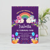 キュートな恐竜ユニコーン虹のバルーンの誕生日 招待状 (スタンド正面)