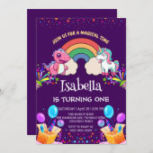 キュートな恐竜ユニコーン虹のバルーンの誕生日 招待状 (正面/裏面)