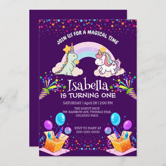 キュートな恐竜ユニコーン虹のバルーンの誕生日 招待状 (正面/裏面)