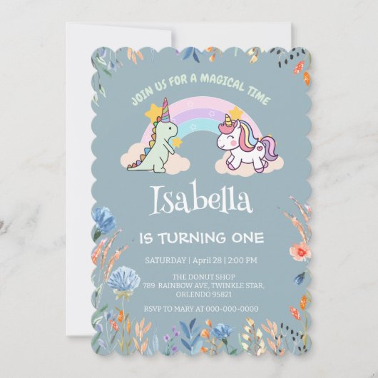 キュートな恐竜ユニコーン虹のバルーンの誕生日 招待状 (正面)