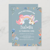 キュートな恐竜ユニコーン虹の花の誕生日の名前 インビテーションポストカード (正面/裏面)