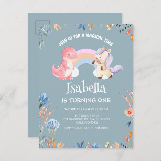 キュートな恐竜ユニコーン虹の花の誕生日の名前 インビテーションポストカード (正面/裏面)