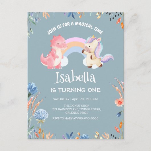 キュートな恐竜ユニコーン虹の花の誕生日の名前 インビテーションポストカード (正面)