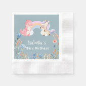 キュートな恐竜ユニコーン虹の花の誕生日の名前 縁ありカクテルナプキン (正面)