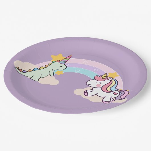 キュートな恐竜ユニコーン虹の誕生日パーティー ペーパープレート (アングル)