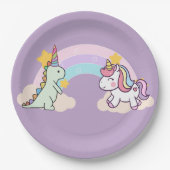 キュートな恐竜ユニコーン虹の誕生日パーティー ペーパープレート (正面)