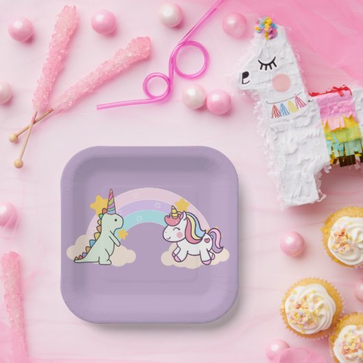 キュートな恐竜ユニコーン虹の誕生日パーティー ペーパープレート (パーティー)