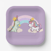 キュートな恐竜ユニコーン虹の誕生日パーティー ペーパープレート (正面)