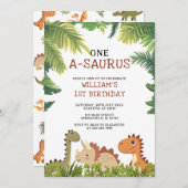 キュートな恐竜ワンサウルス1歳のパーティー 招待状 (正面/裏面)