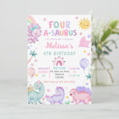 キュートな恐竜4歳のサウルス4歳の誕生日パーティー 招待状 (スタンド正面)