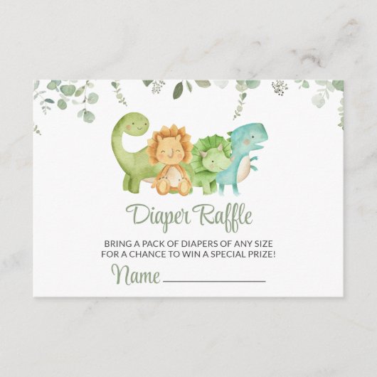 キュートな恐竜、Tレックス、ジュラシック、おむつラッフル エンクロージャーカード (正面)
