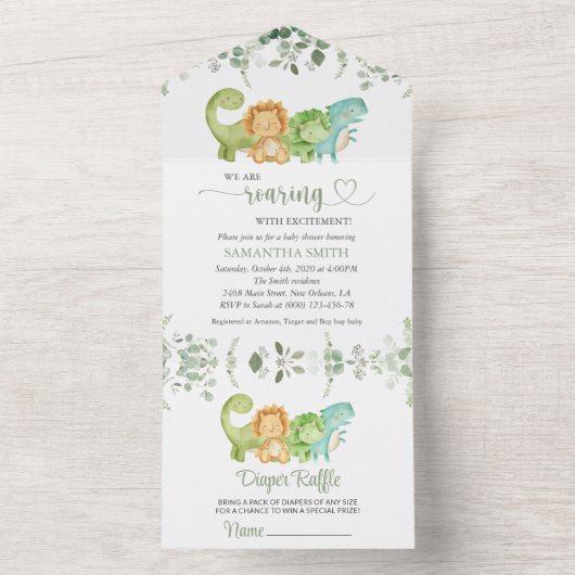 キュートな恐竜、Tレックス、ジュラ紀、赤ちゃんシャワー オールインワン招待状 (内側)