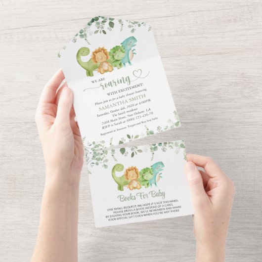 キュートな恐竜、Tレックス、ジュラ紀、赤ちゃんシャワー オールインワン招待状 (貼ってはがせる)