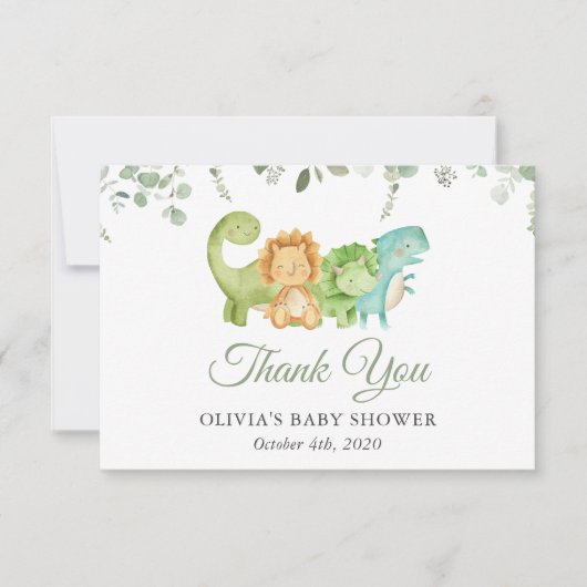 キュートな恐竜、Tレックス、ジュラ紀、赤ちゃんシャワー サンキューカード (正面)